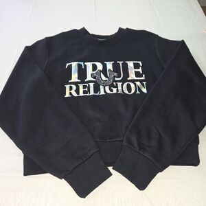 NWT True Religion Black Crewneck Sweatshirt With Holographic/Crystals. Lg.  RRCP